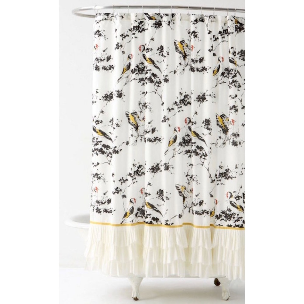 NWT Anthropologie Bird Ruffle Shower Curtain Ivory Black Yellow Botanical NWT